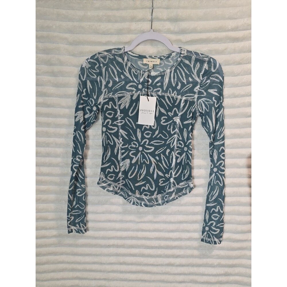 0163 Modern Blossoms Floral-Print Mesh Exposed-Seam Top; Small